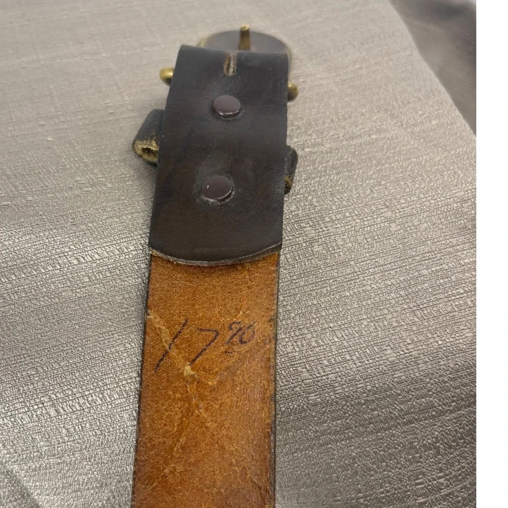 BTS Leather Belt Men 38 Brown Rare Vintage 70s Wood Inlay Solid Brass Buckle USA